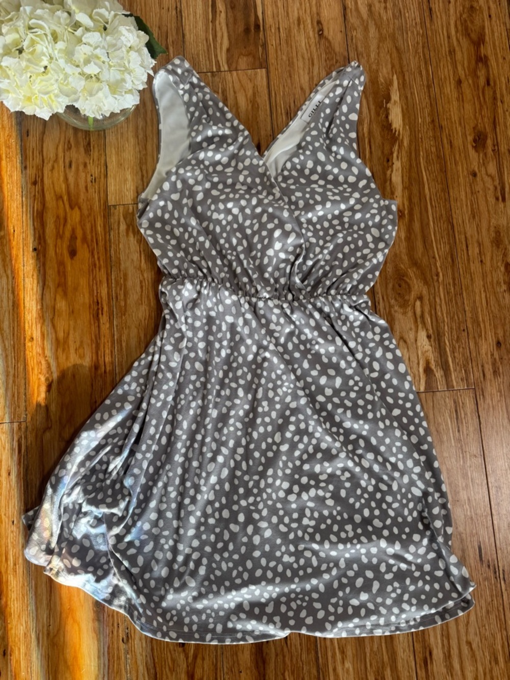 Gray Polka Dot V-Neck Dress